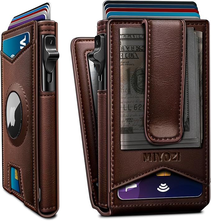 Airtag Wallet for Men,with Money Clip Gift Boxed,Slim Front Pocket Wallet RFID Blocking Metal Case Smart Pop-up Credit Card Holder in Magnetic Leather Flip