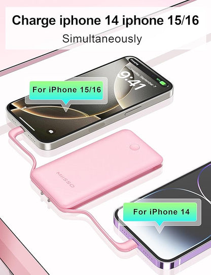 miisso Ultra Slim 10000mAh Power Bank Built-in Cables and Foldable AC Wall Plug, Pocket Size USB C Portable Charger, External Battery Pack Compatible with iPhone Samsung, 2 Pack Black & Pink