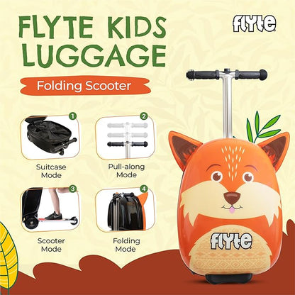 Flyte Frazer the Fox Scooter Suitcase - Rideable, Carry on Compliant 2-in-1 Children's Suitcases, 18 inch Ride on Suitcase for Kids, 25 Litre Capacity Kids' Luggage on Wheels for Children Aged 4+