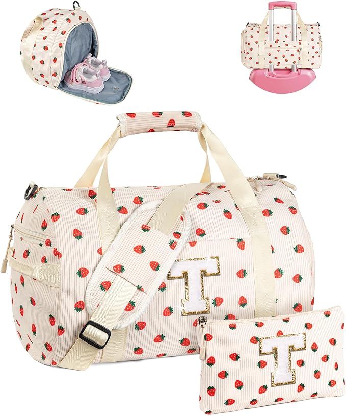Tween Girl Gifts Trendy Stuff, Girls Gym Bag, Kids Personalized Weekend Duffel Bags with Shoe Compartment, Initial Travel Tote with Makeup Bag, Gift for 3 4 5 6 7 Year Old Kid (Letter T)