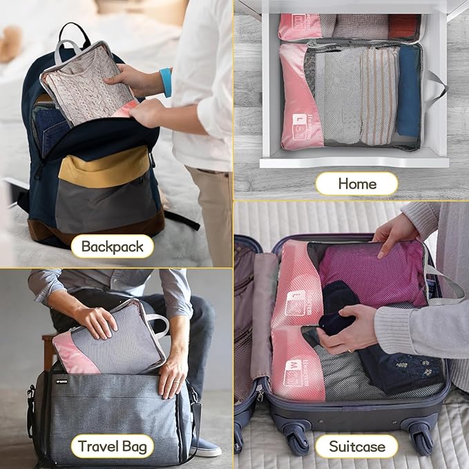 Compression Packing Cubes 8 Set, Dual Zipper Compression Packing Cubes for Travel, See-Through Mesh Packing Bags for Suitcases, packing cubes with shoe bag (Pink)