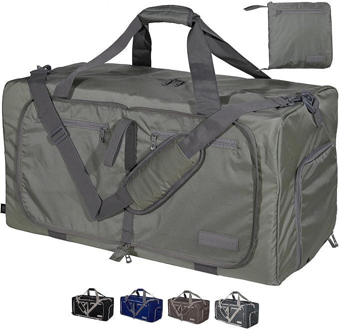 LEGEND 80L Foldable Duffle Bag for Travel - Packable Duffle Bags w/Shoe Compartment - Tear Resistant Collapsible Duffel Bags for Traveling - Lightweight Folding Duffel Bag for Men & Women -Army Green