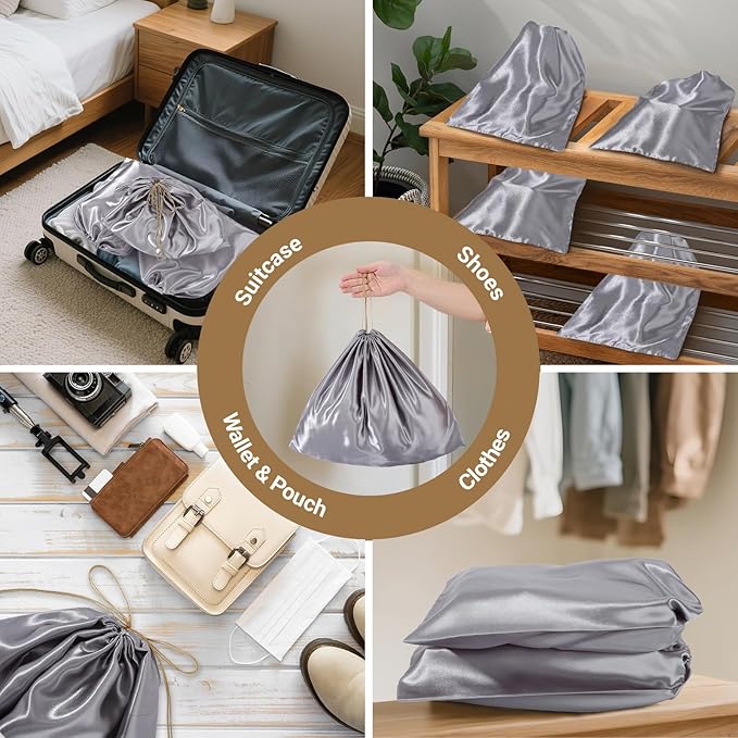 Ewen 7pcs Satin Shoe Bags with Blank Tag, 19.6x15.7in Dust Bags for Handbags with Drawstring, Dustproof Travel Essentials Large Packing Bag, Gray Purse Organizer for Home Storage Jewelry Organization