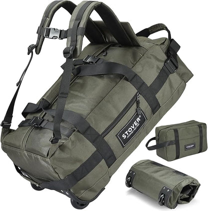 STOVER 45L Carry-On Rolling Duffel Bag with Wheels, Medium Durable Travel Duffle w/Toiletry Bag, Heavy-Duty, Packable, Foldable with Shoulder Straps- Use as Luggage or Backpack, Men/Women (Green)