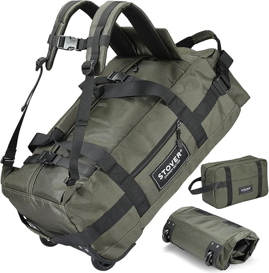 STOVER 45L Carry-On Rolling Duffel Bag with Wheels, Medium Durable Travel Duffle w/Toiletry Bag, Heavy-Duty, Packable, Foldable with Shoulder Straps- Use as Luggage or Backpack, Men/Women (Green)