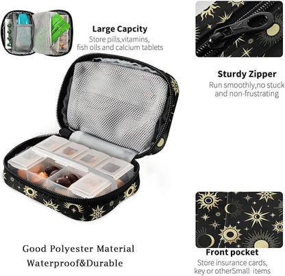 Fustylead Gold Sun Moon and Stars Travel Pill Organizer Case Zipper for Purse with Removable Weekly Pill Box for Medicine, Vitamin, Supplement Medicine Organizer