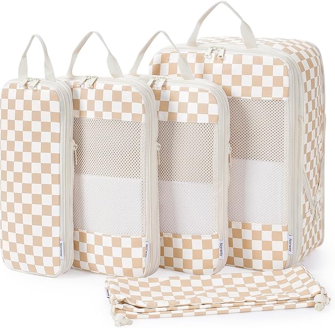 Narwey 5 Set Compression Packing Cubes for Travel, Luggage Packing Organizer Bags for Carry on Suitcase, Expandable Checkered Storage Bags with Laundry & Handle (Light Checkerboard)