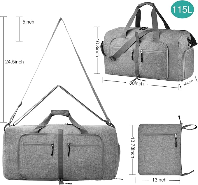 Dimayar 115L Travel Duffle Bag for Men Women - Foldable Duffel Bag with Shoes Compartment - Overnight Bags Waterproof & Tear Resistant(Gray)
