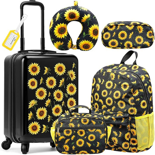 Redbaker 6 Pcs Kids Luggage Set 17 Inch Kids Rolling Luggage Double Pattern Suitcase for Girls Boys School Gift(Back Yellow, 17 Inch, Sunflower Style)