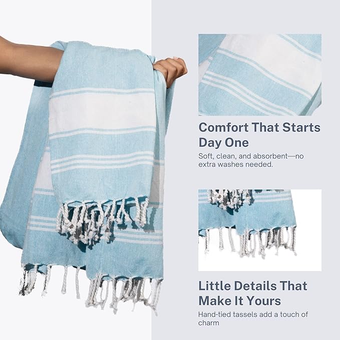 Cotton Turkish Beach Towel Towels Oversized 36"x72" Pool Absorbent Extra Large Quick Dry Sand Travel Towel (Aqua Blue, 4 Pack)