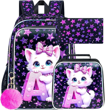 WZLVO 3PCS Girls Cat Backpack Set, 16" Glittery UV Printing Kids Bookbag/School Bag with Lunch Box & Pencil Bag for Preschool to Elementary - Cat Holding Letter A