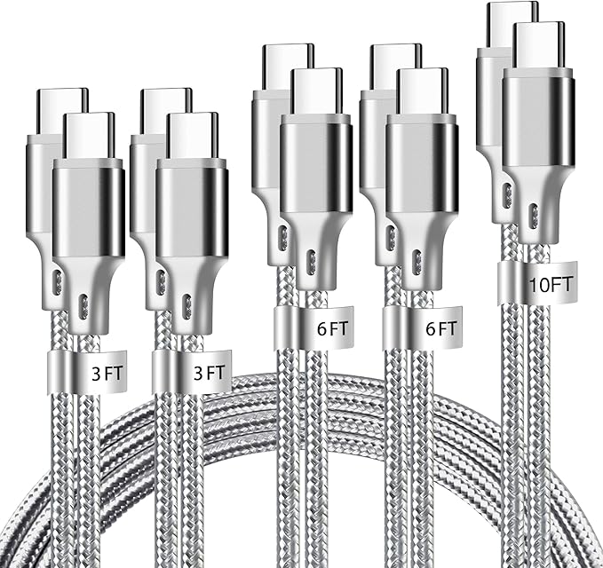 USB C to USB C Charger Cable, 5 Pack [3/3/6/6/10ft] Type C Fast Charging Cord High Data & Transfer Wire Compatible for iPhone 17/16/15 Plus/Pro Max iPad Pro Air Ps5 Controller Samsung Galaxy(Gray)