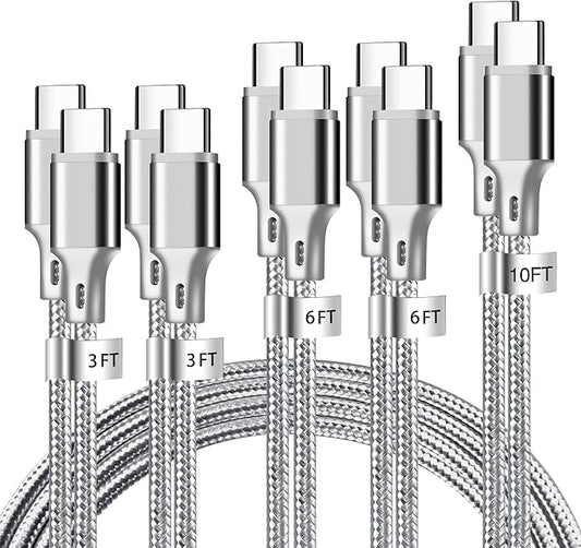 USB C to USB C Charger Cable, 5 Pack [3/3/6/6/10ft] Type C Fast Charging Cord High Data & Transfer Wire Compatible for iPhone 17/16/15 Plus/Pro Max iPad Pro Air Ps5 Controller Samsung Galaxy(Gray)