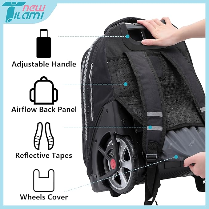 NEW TILAMI 19 Inch Rolling Backpack with Lunch Bag for Girls Boys Wheeled Laptop Backpack Durable Carry-on Bag School Travel, Skate Board