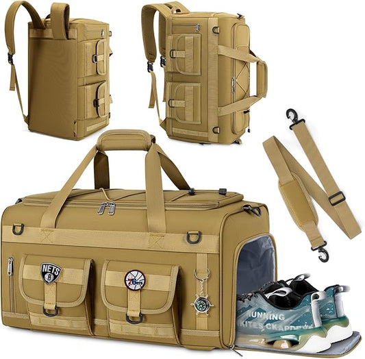 RAINSMORE Gym Bag for Men, 45L Sports Duffel Bag with Shoe Compartment Gym Backpack Carry On Weekender Bag Overnight Backpack Carry On,Khaki