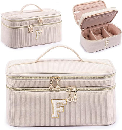 AMOIGEE Initial Makeup Bag Organizer,Personalized Double Layer Train Case, Travel Toiletry Bag for Makeup Brushes for Teens Girl, Skincare Gift Set, Initial Cute Cosmetic Make Up Bag for Women