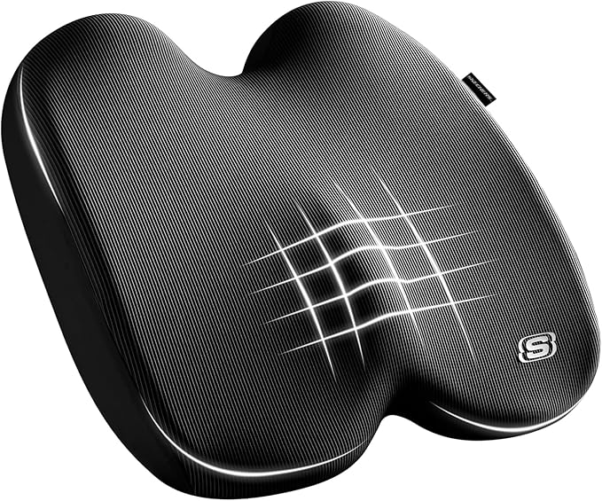Skechers Memory Foam Seat Cushion,Ribbed Fabric Office Chair Cushion for Tailbone Pain Relief,Butt Pillow for Office Chair,Car Seat Cushion,Long Sitting Office Workers,and Car Drivers,Black