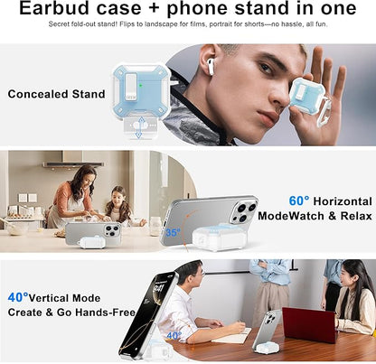 RFUNGUANGO Compatible AirPods 4th Generation Protective Case with Phone Holder and Compatible Back Magnetic Suction Function, Suitable for AirPods 4th Case-White + Blue