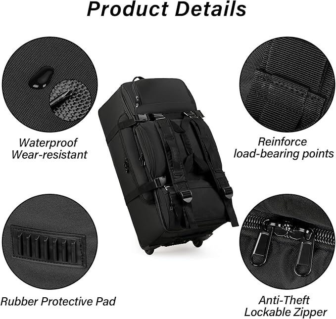 Rolling Duffle Bag with Wheels, 90L 32-inch Large Foldable Travel Duffel Bags Durable, Tear-resistant Heavy-duty Luggage Bag (Black)