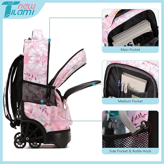 NEW TILAMI 18 Inch Rolling Backpack with Wheels for Girls Boys Kids Laptop Backpack School Travel, Pink Flowers