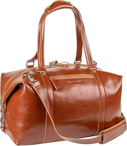 Travel Leather Bag - Genuine Duffel Bag Overnight Weekender for Men & Women (Brown)