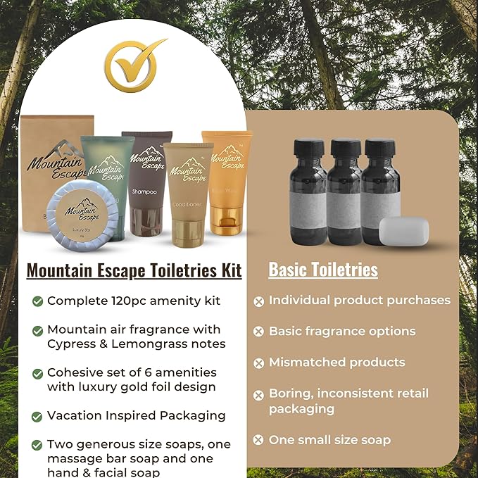 Mountain Escape - Premium Hotel Soaps & Toiletries Bulk Set with 1oz Travel Size Shampoo and Conditioner, Body Wash, Lotion, and 2 guest Soaps - Rental Ready Amenities Kit (120 Pieces)