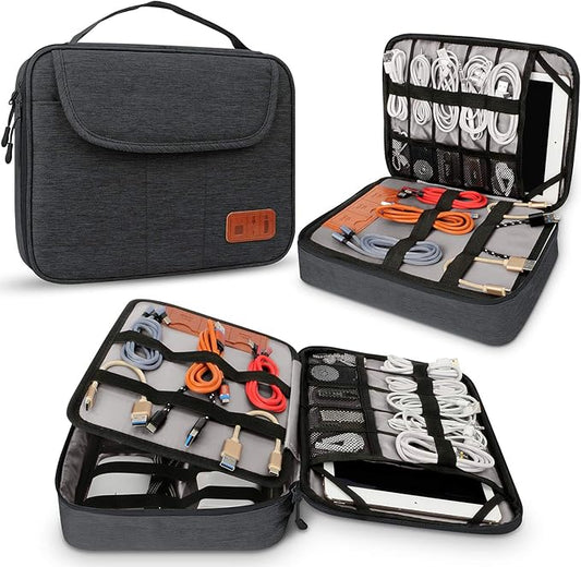 HOLIMET Cable Organiser Bag,Electronic Accessories Bag Double Layer for Travel Waterproof Cord Storage Organizer Bag for iPad, Kindle, Hard Drives, Cables, Chargers,Power Bank and More(Black)
