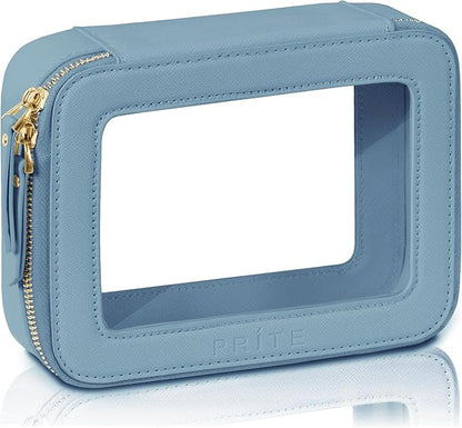 Prite Clear Makeup Bag Cosmetic Organizer Case Waterproof Travel Toiletry Bag Skincare Pouch with Golden Zipper(Blue)