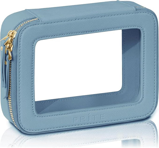 Prite Clear Makeup Bag Cosmetic Organizer Case Waterproof Travel Toiletry Bag Skincare Pouch with Golden Zipper(Blue)