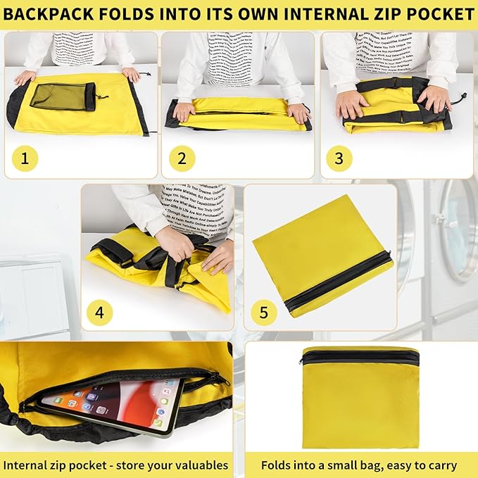 Laundry Bag Backpack with 3 Sizes Mesh Wash Bags and Shoulder Straps Foldable Clothes Hamper Bag with Drawstring Closure for College, Apartment, Laundromat (Yellow)