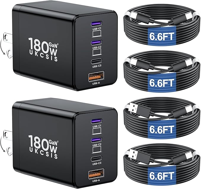 2 Pack 180W USB C Charger Block, Foldable 4-Port GaN Super Fast Charger USB C, Dual 65W Type C Charging Block, Laptop Fast Charging Adapter for MacBook Pro/Air, iPad, iPhone, Samsung Galaxy Black