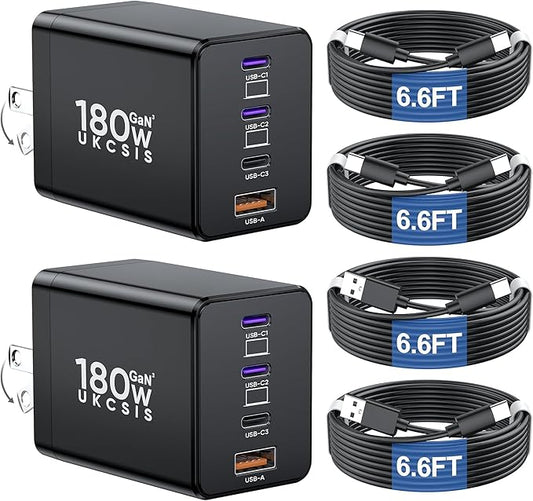 2 Pack 180W USB C Charger Block, Foldable 4-Port GaN Super Fast Charger USB C, Dual 65W Type C Charging Block, Laptop Fast Charging Adapter for MacBook Pro/Air, iPad, iPhone, Samsung Galaxy Black