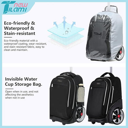 NEW TILAMI 19 Inch Rolling Backpack with Lunch Bag for Girls Boys Wheeled Laptop Backpack Durable Carry-on Bag School Travel, Pure Black