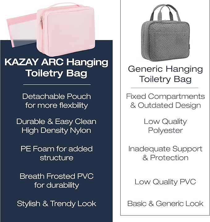 KAZAY Hanging Toiletry Bag with TSA Approved Detachable Pouch, Travel Toiletry Bag, Water Resistant, Premium Nylon, Travel Size Toiletries, Cosmetic Bag, Makeup Bag (Pink)