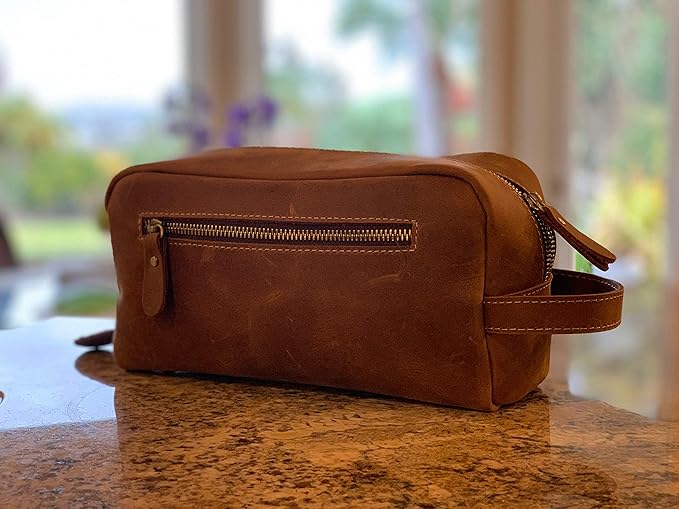 Calissimo Genuine Leather Toiletry Travel Tote Bag - Dopp Kit - Shaving Kit.