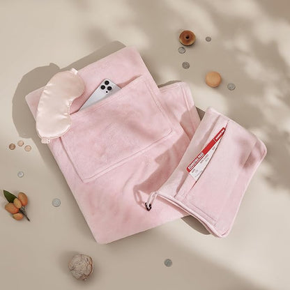 Bedsure Travel Blanket Airplane Compact with Storage Bag, Packable Blanket with Eye Mask, Lightweight 2-in-1 Travel Essentials, Functioned as Pillow for Airplane Comfort and Warmth, Pink