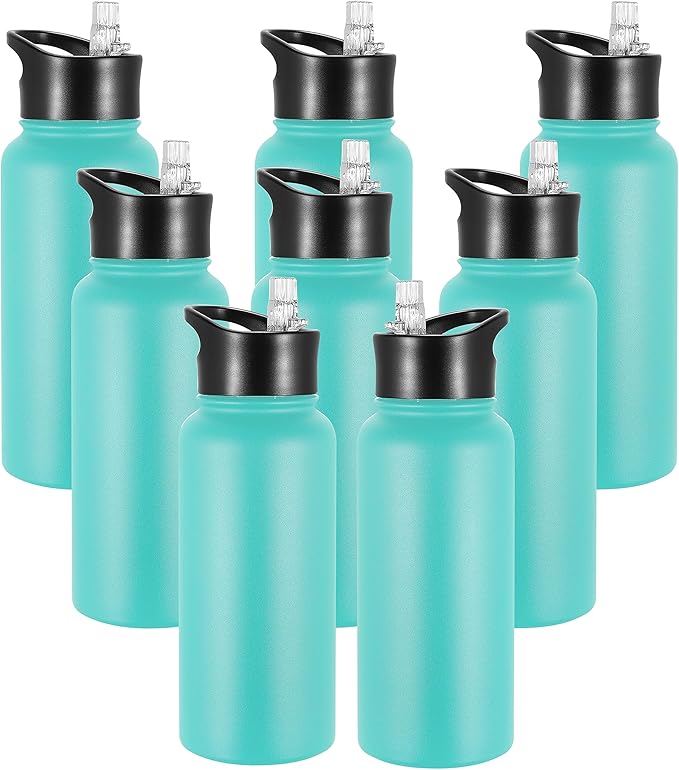 VEGOND 32 oz Insulated Water Bottle Bulk Stainless Steel Metal Water Bottles with Leak Proof Straw Lid & Spout Lid, Wide Mouth Double Walled Vacuum Travel Sports Bottle, 8 Pack