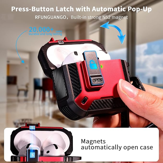RFUNGUANGO Compatible AirPods 4th Generation Protective Case with Phone Holder and Compatible Back Magnetic Suction Function, Suitable for AirPods 4th Case-Red