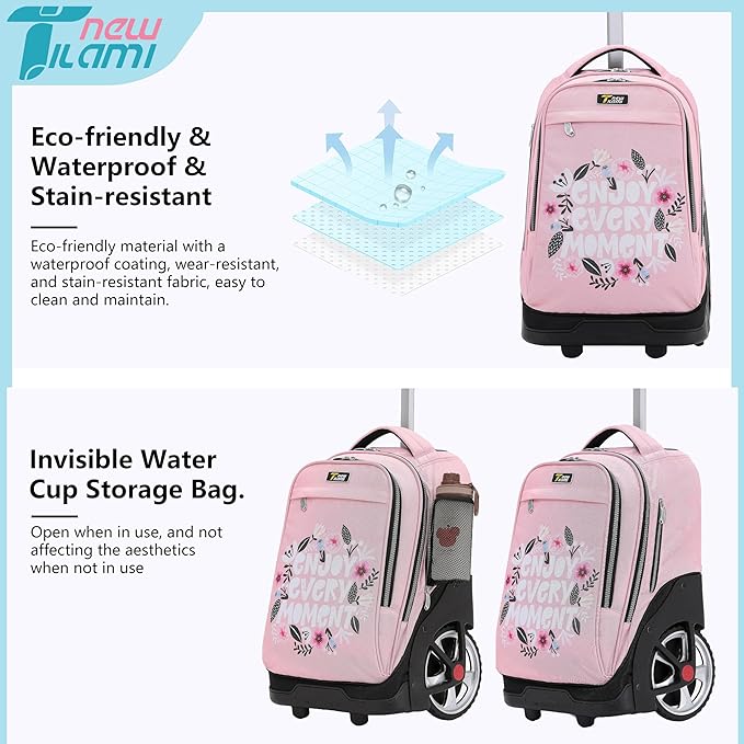NEW TILAMI Rolling Backpack 19 inch with Lunch Bag Teens Cute Wheeled Computer Laptop Backpack Bookbag Roller Travel Bag College, Flower Pink