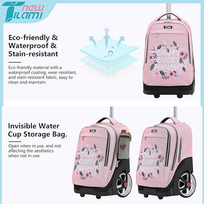 NEW TILAMI Rolling Backpack 19 inch with Lunch Bag Teens Cute Wheeled Computer Laptop Backpack Bookbag Roller Travel Bag College, Flower Pink