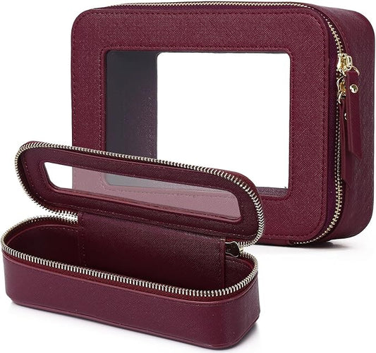 Pinkmik Travel Clear Makeup Bag with Brush Case TSA Approved Toiletry Bag Waterproof Cosmetic Organizer with Zipper Car Essential for Women (X/Burgundy, M+SLIM)