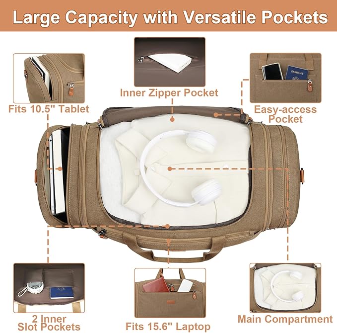 Canvas Mens Duffle Bag for Travel - Expandable 50L Weekender Bags with Toiletry Bag, Overnight Bag Travel Duffel Carry On Luggage with Removable Shoulder Strap, Durable & Water-Resistant