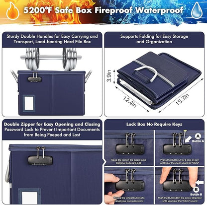 TOMKID 5200°F Fireproof Document Box, Fire Important Document Organizer with Lock, Upgraded Heat Insulated Filing Storage Cabinet Office Organization (5200°F Fireproof Box, Blue)