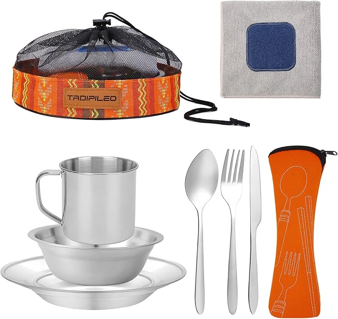 Stainless Steel Camping Cutlery Set - 8 Piece, Includes Spoons, Mugs, Bowls, Plates, Rags & Organizer Straps - Easy to Carry for Backpacking, Camping, Hiking and Picnics