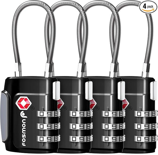 Fosmon TSA Approved Cable Locks for Luggage, Suitcase, Gun Case Lock with Push Release Button, 3 Digit Long Shackle Combination Wire Lock for Backpack