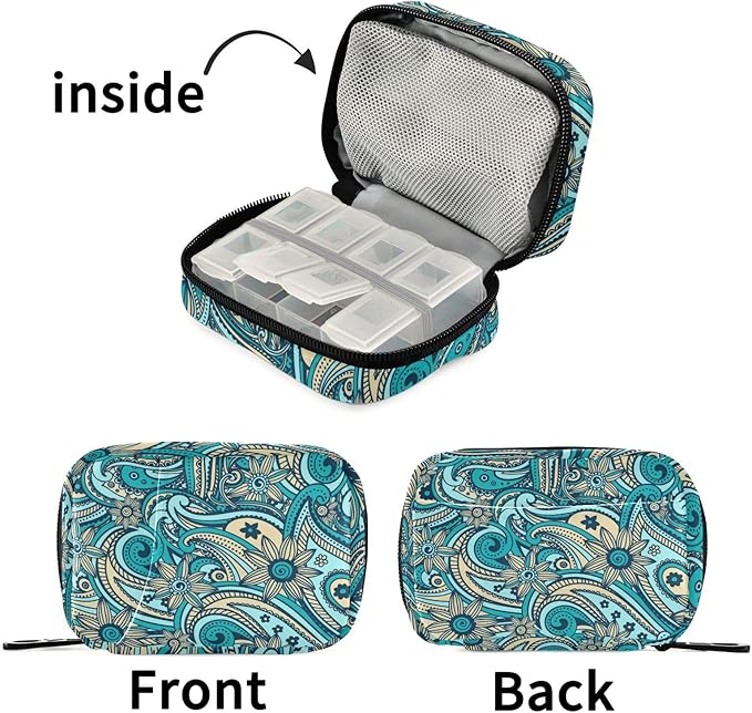 Fustylead Beautiful Vintage Paisley Pill Organizer Travel Portable Zipper Cloth Bag for Holding Weekly Supplements Vitamins and Fish Oils