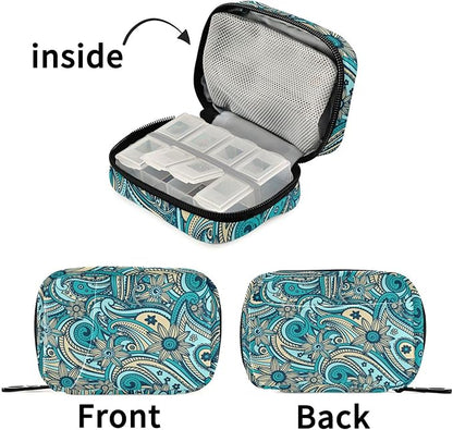 Fustylead Beautiful Vintage Paisley Pill Organizer Travel Portable Zipper Cloth Bag for Holding Weekly Supplements Vitamins and Fish Oils