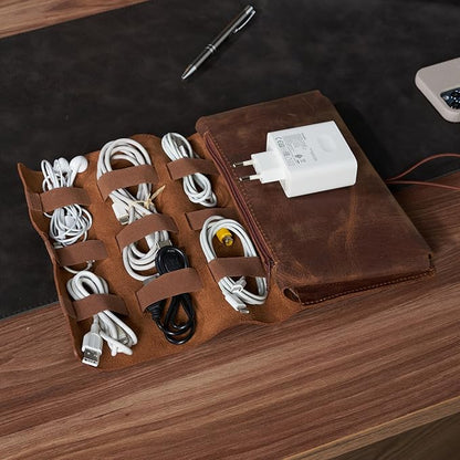 HARDISTON Custom Genuine Leather Electronic Cable Organizer Bag Handmade Travel Cord Organizer Roll Case for Hard Drives, Cables, Charger, Phone, USB, SD Card