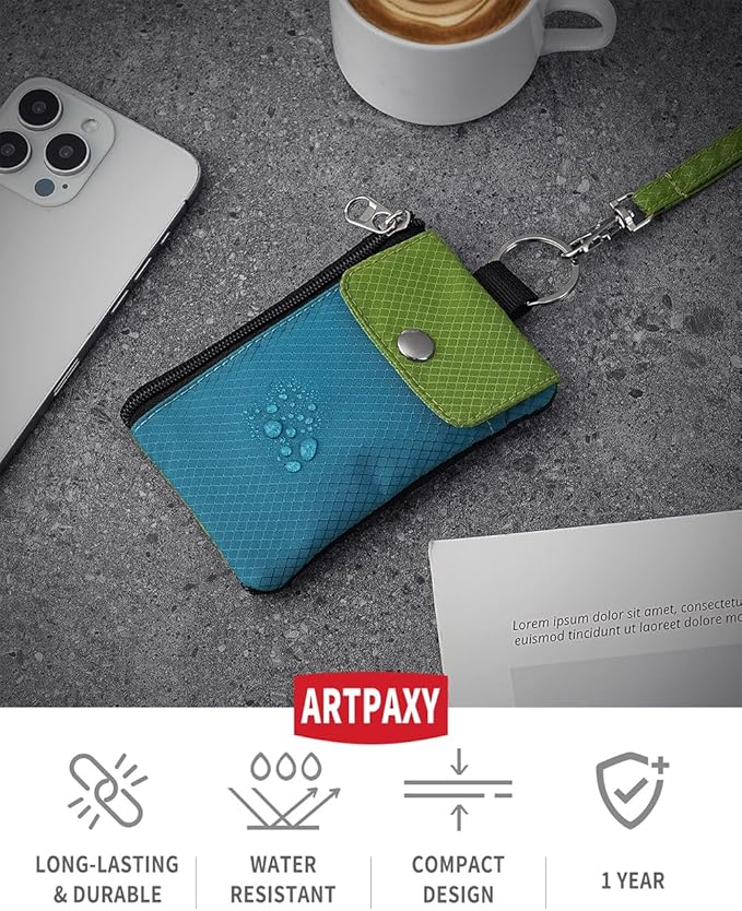 Minimalist Wallet For Mens Womens, Keychain RFID Blocking Zipper Small Wallet with ID Window 2 Lanyards,Water Resistant Travel Cash Card Coin Case Boys Girls
