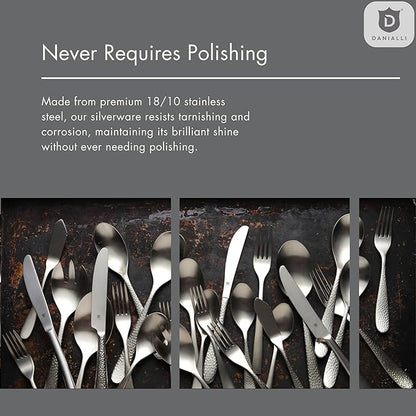Matte Silverware Set, 18/10 Stainless Steel Satin Flatware, Modern Brushed Finish Cutlery, Dishwasher Safe & Durable, Built to Last (40-Piece, Marettimo Hammered)